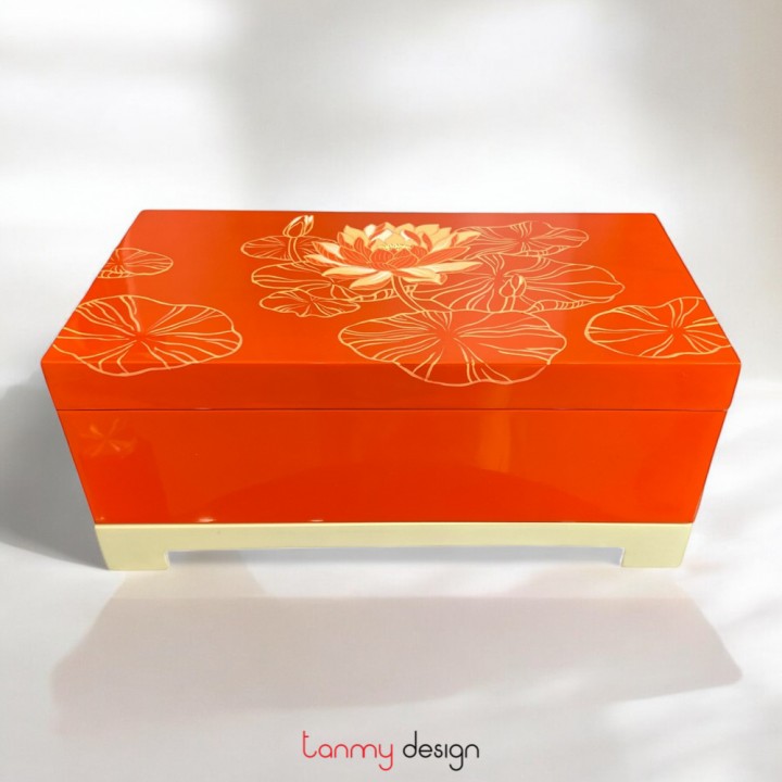 Orange rectangular lacquer box hand-painted with lotus included with stand 18*35cm